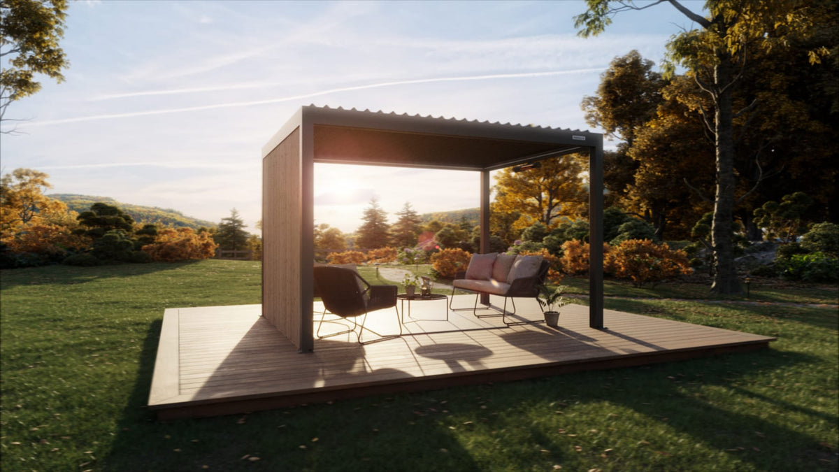 Pergola 4 Pro en aluminium sur une terrasse française, lames orientables mi-ouvertes sous un soleil de fin de journée