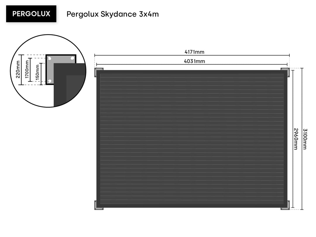 Pergolux skydance 3x4 mål med søyleføtter